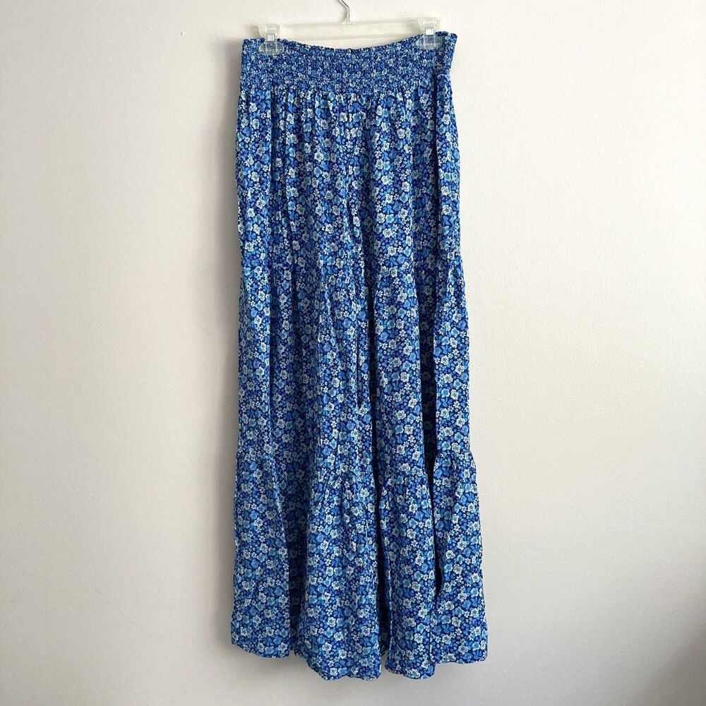 Aerie Smocked Waist Super Wide Leg Party Pants Womens Large Boho Blue Floral - Picture 5 of 7